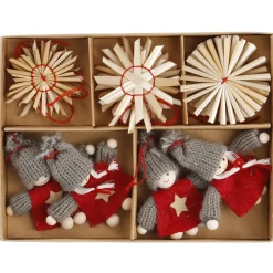 16er Set Strohanhänger Mädchen/Sterne, Rot/grau