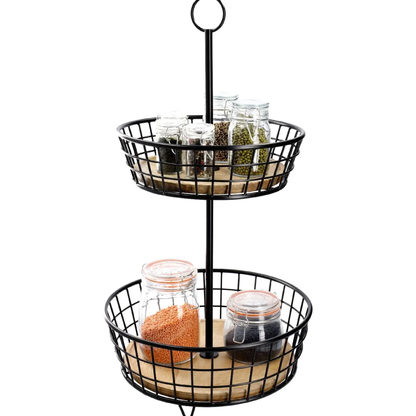 Etagere Holz/Metall, 2 Körbe, Schwarz, 68 Cm