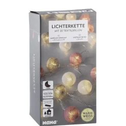 Lichterkette Textilball, Weiß/grau/pink, 20 LED's