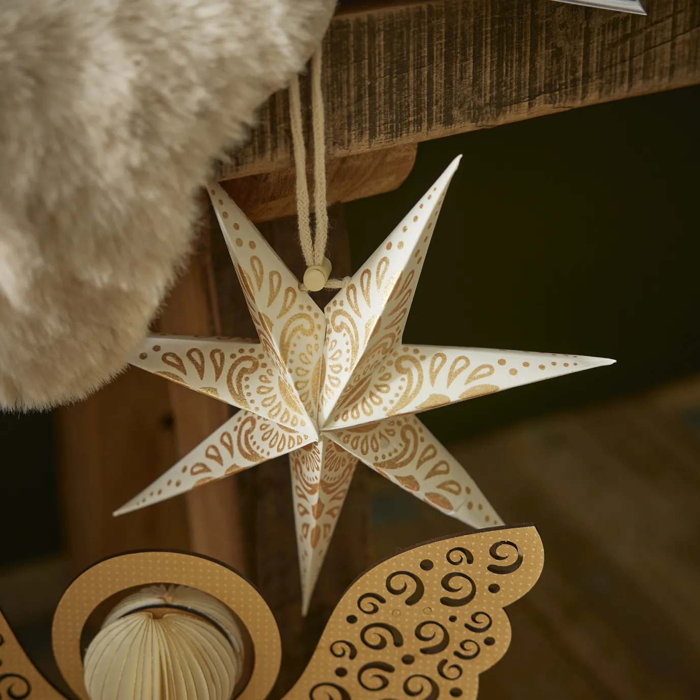 Papierstern, Weiß/gold, Ornament, 18 Cm