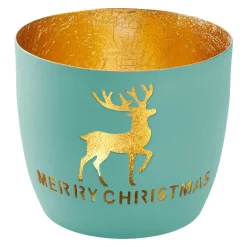 Windlicht Spruch/Xmas, Hirsch/türkis, 10 X 8.5 Cm